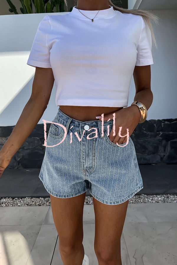 Fashion Rhinestone Loose Pocket Denim Shorts