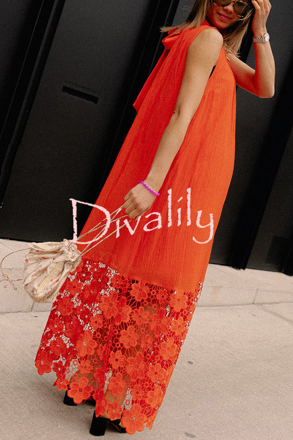 Breezy Comfort Tie-up Neck Sleeveless Floral Lace Hem Maxi Dress