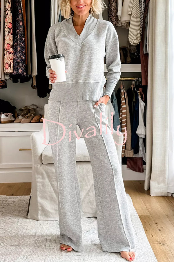 Weather Gets Cold Solid Color V-neck Top and Elastic Waist Pocketed Lounge Pants Set