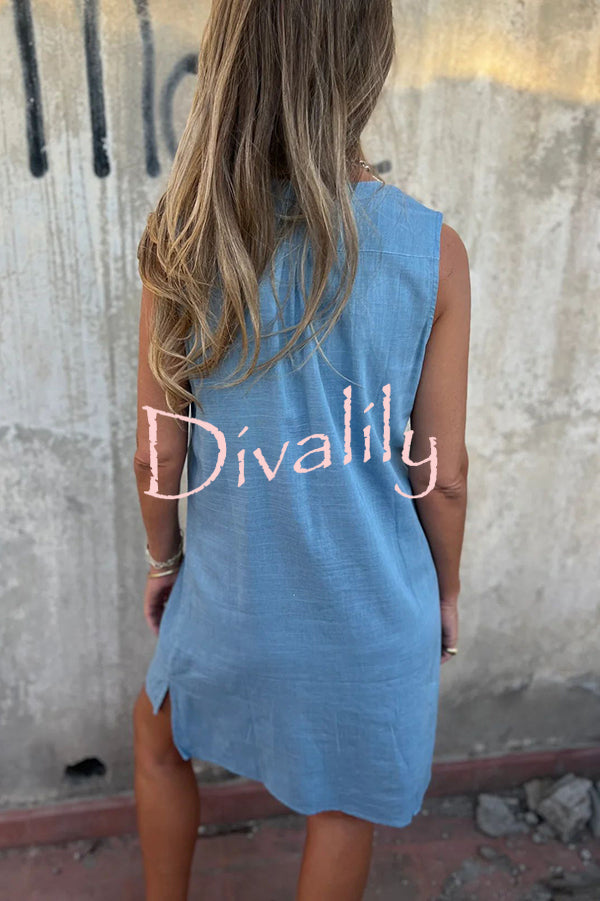 Solid Color Sleeveless V-neck Casual Pocket Mini Dress