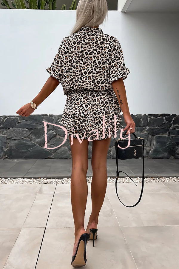 Leopard Print V-neck Short Sleeve Elastic Waist Casual Rompers