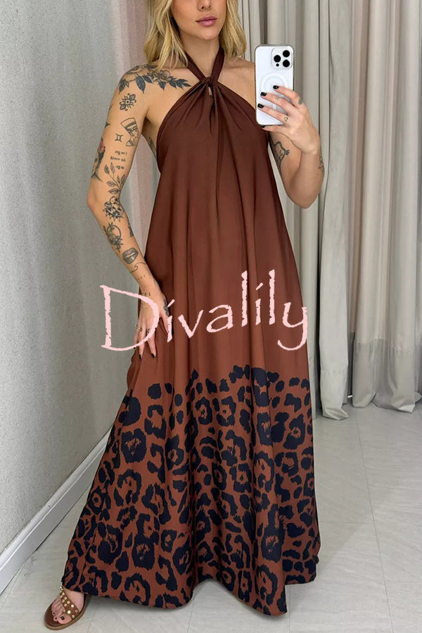 Leopard Print Sexy Halter Neck Backless Loose Maxi Dress