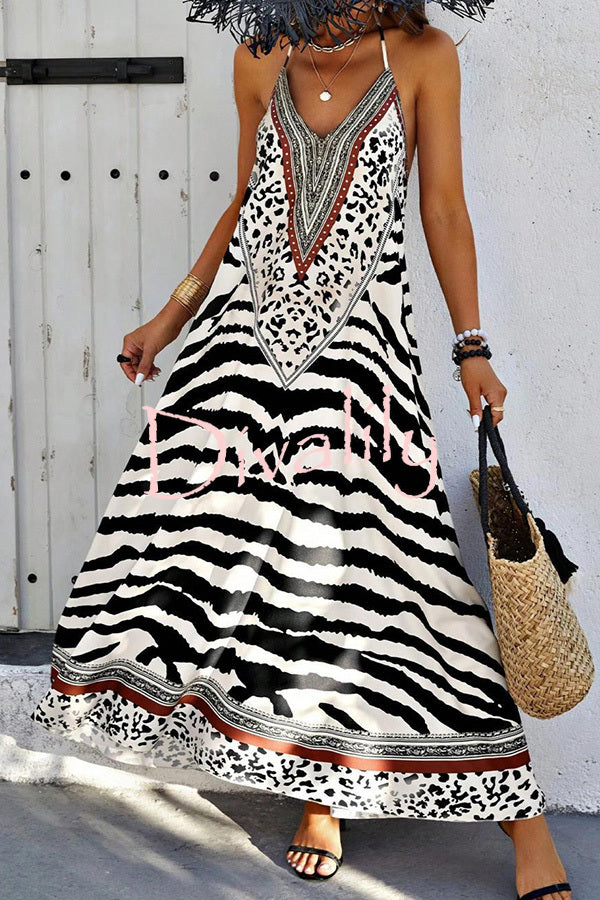 Zebra Print V-neck Open Back Loose Maxi Dress
