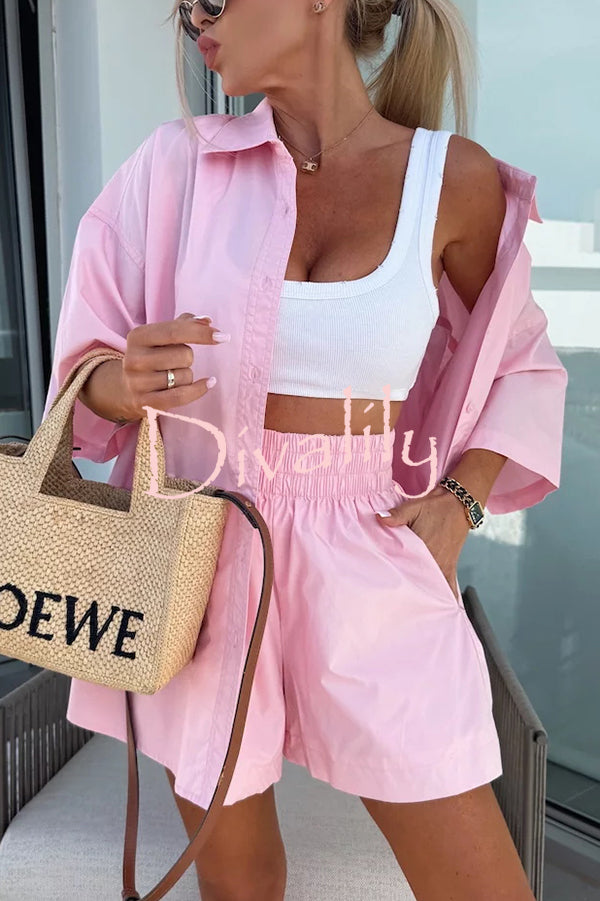 Summer Casual Loose Short-sleeved Shirt and Elastic High Waist Shorts Set