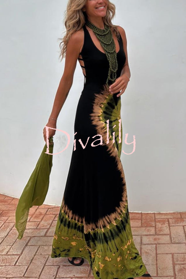 Summer Adventures Tie-dye Print Back Lace-up Stretch Maxi Dress