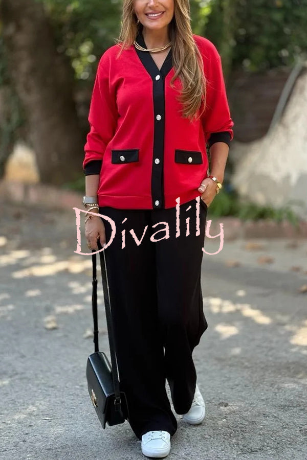 Stylish Color-blocked V-neck Knitted Button-down Cardigan and Elastic Waist Casual Wide-leg Pants Set