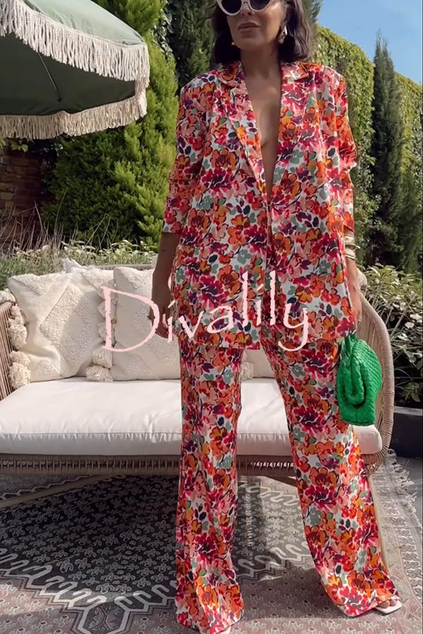 Full of Energy Flower Print Lapel Blazer and Elastic Waist Pocket Pleated Side Hem Pants Set