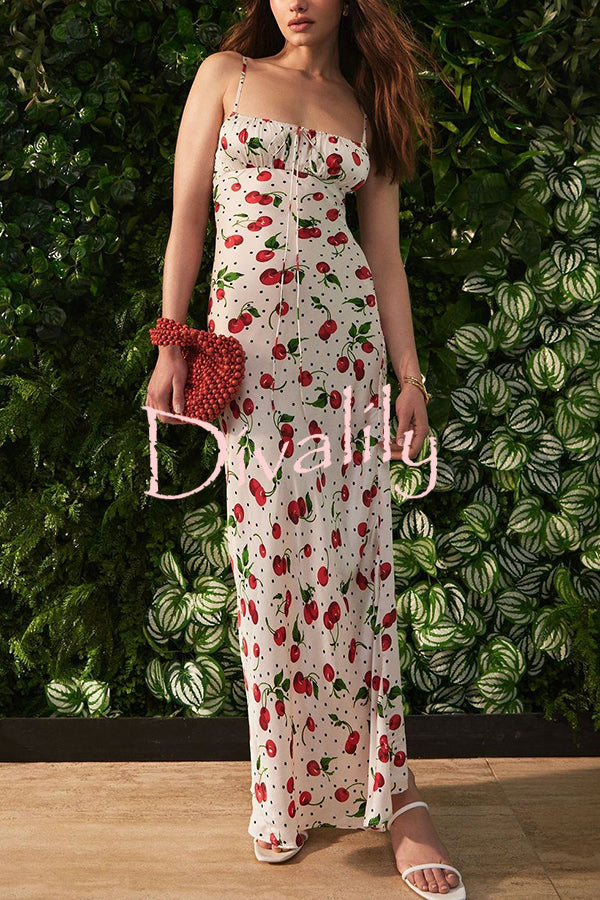 Summer Fragrance Polka Dot Cherry Print Tie-up Slip Maxi Dress
