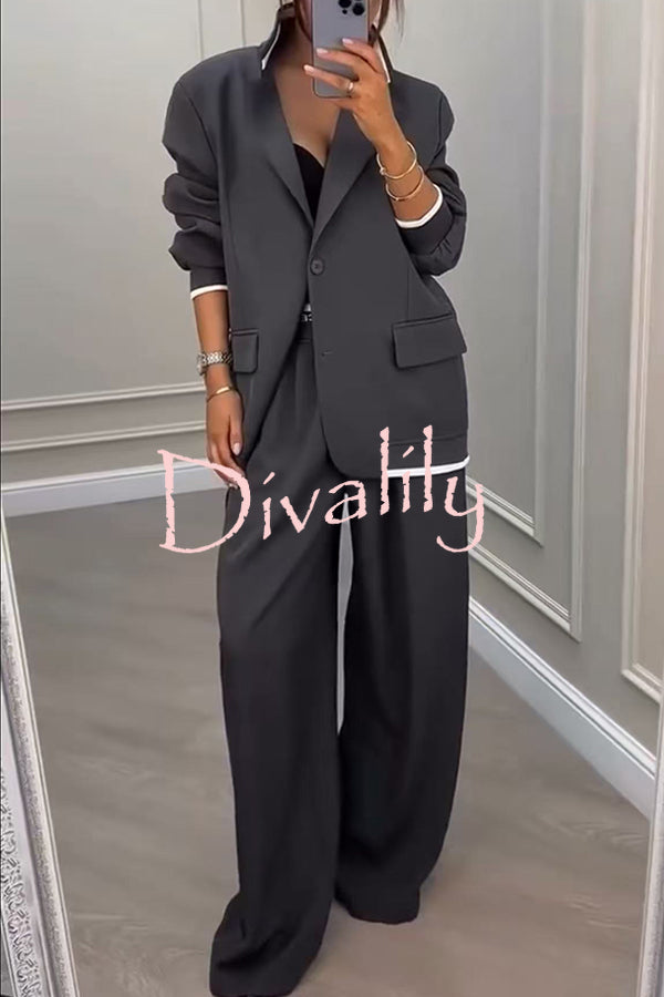 Fashion Sports Style Ribbed Colorblock Lapel Blazer and Elastic Waist Pocket Loose Pants Set