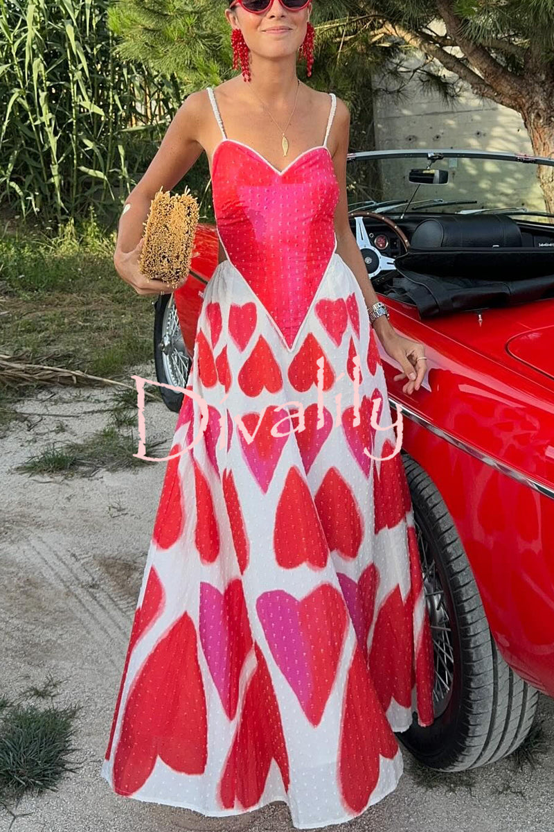 Full of Love Heart Shape Print Cutout Spaghetti Strap Backless Maxi Dress