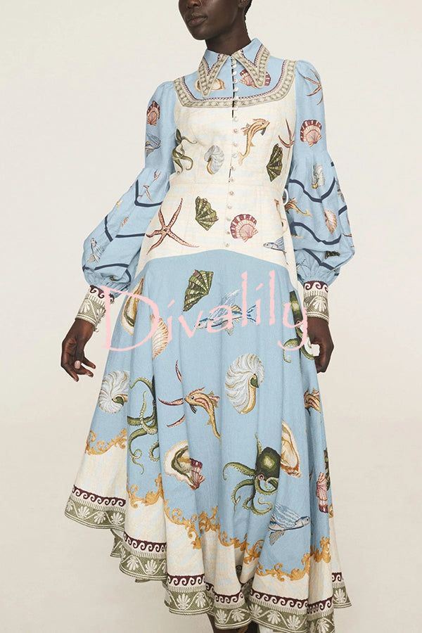 Ocean Print Lapel Button Waist Tie Resort Maxi Dress
