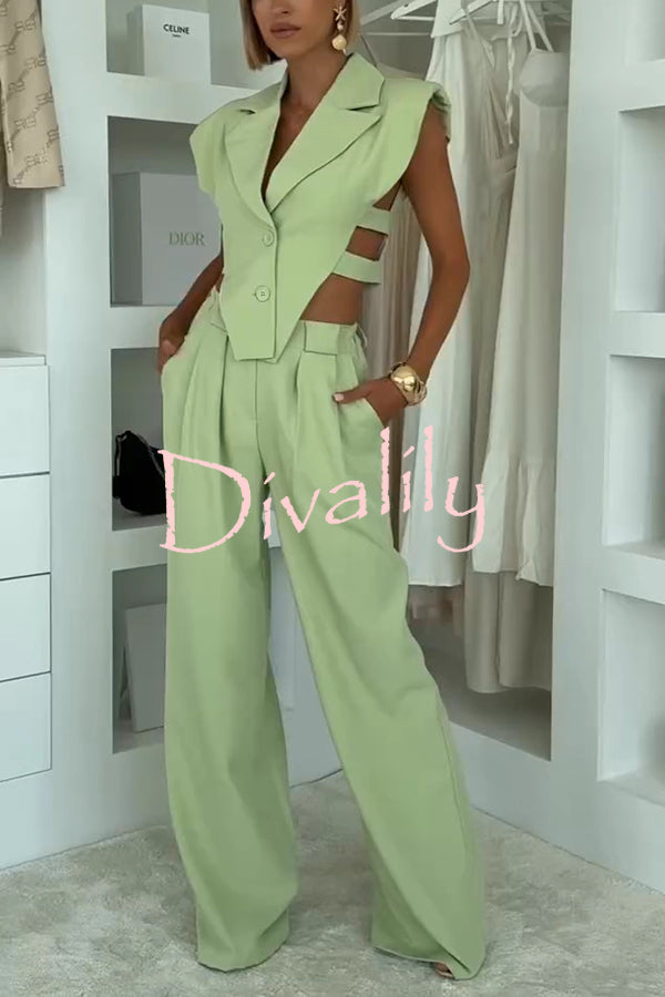 Fashion Style Lapel Waist-baring Irregular Vest and  Elastic Waist Pocket Loose Pants Set