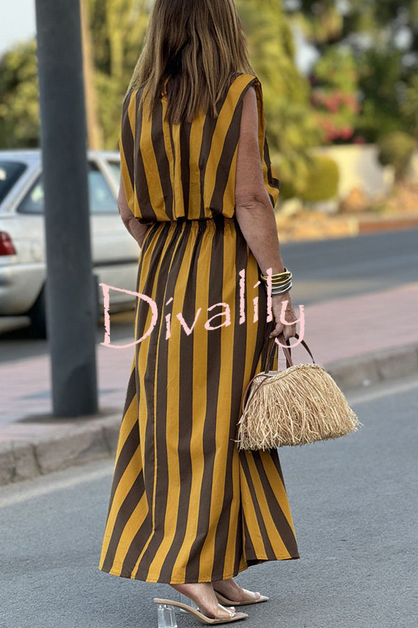 Harlow Striped Print Padded Shoulder Top and Elastic Waist Draped Pocket Maxi Skirt Set