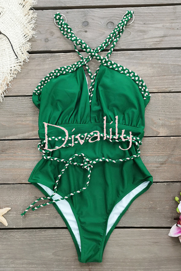 Sexy V-neck Cross-tie Elastic One-piece Swimsuit