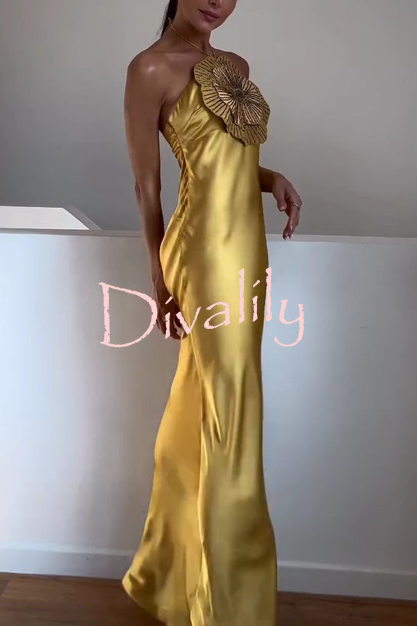 Fashionable Beaded Large Flower Decoration Halter Neck Backless Maxi Dress