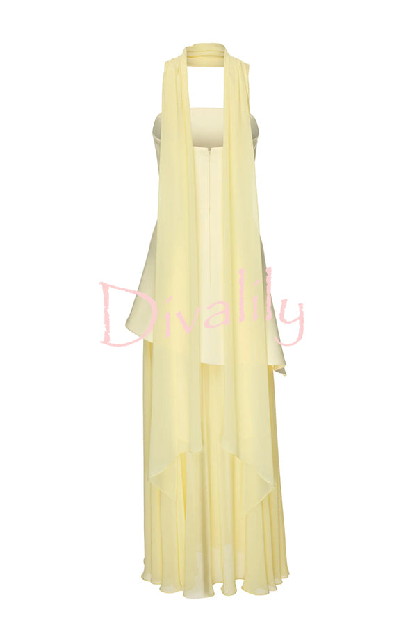 Monaco Off Shoulder Structured Top Chiffon Slit Hem Scarf Maxi Dress