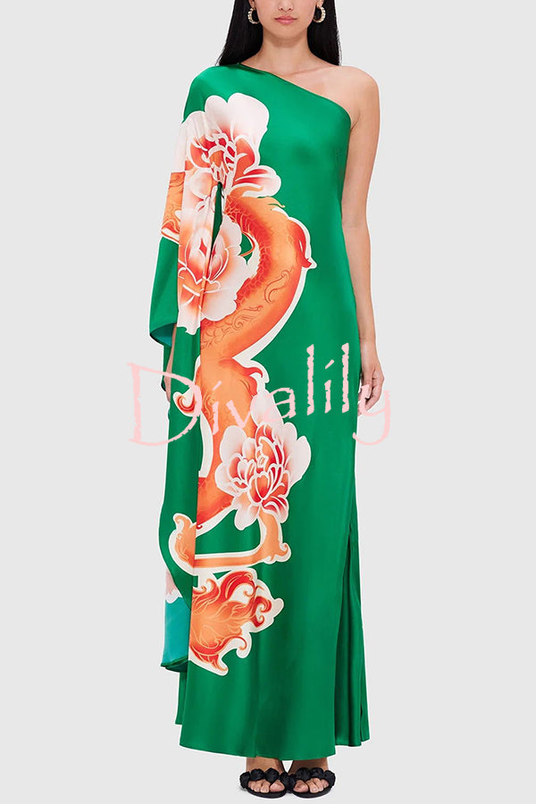 Elegance and Grace Satin Dragon Print One Shoulder Drape Sleeve Maxi Dress