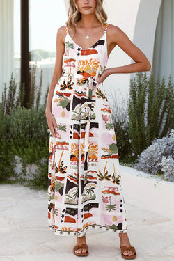 Unique Beach Vacation Print V-neck Suspenders Casual Wide-leg Jumpsuit