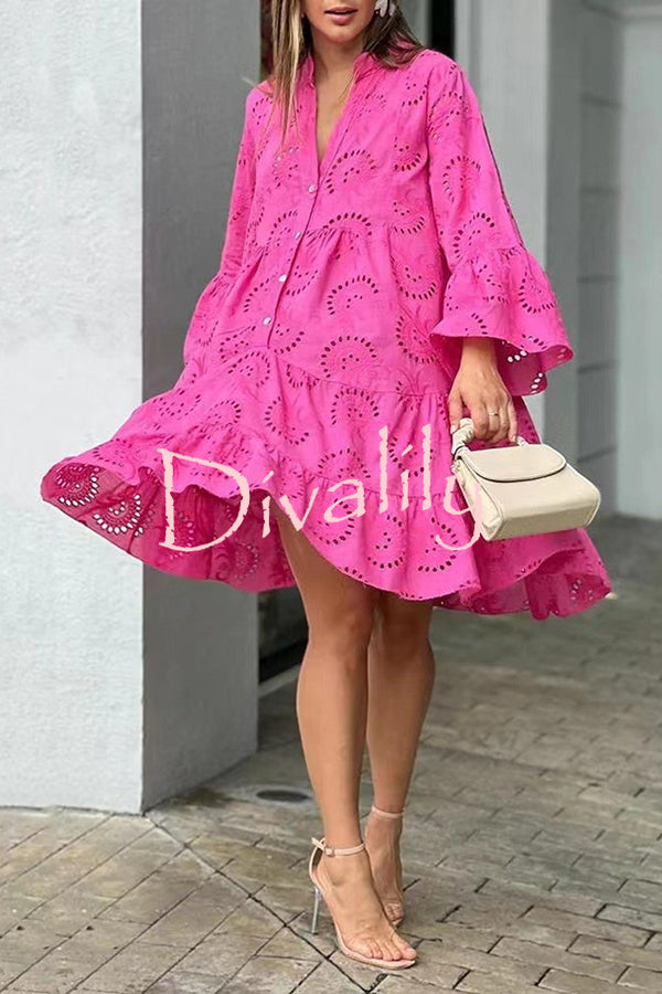 V Neck Embroidered Hollow Lace Flower Mini Dress