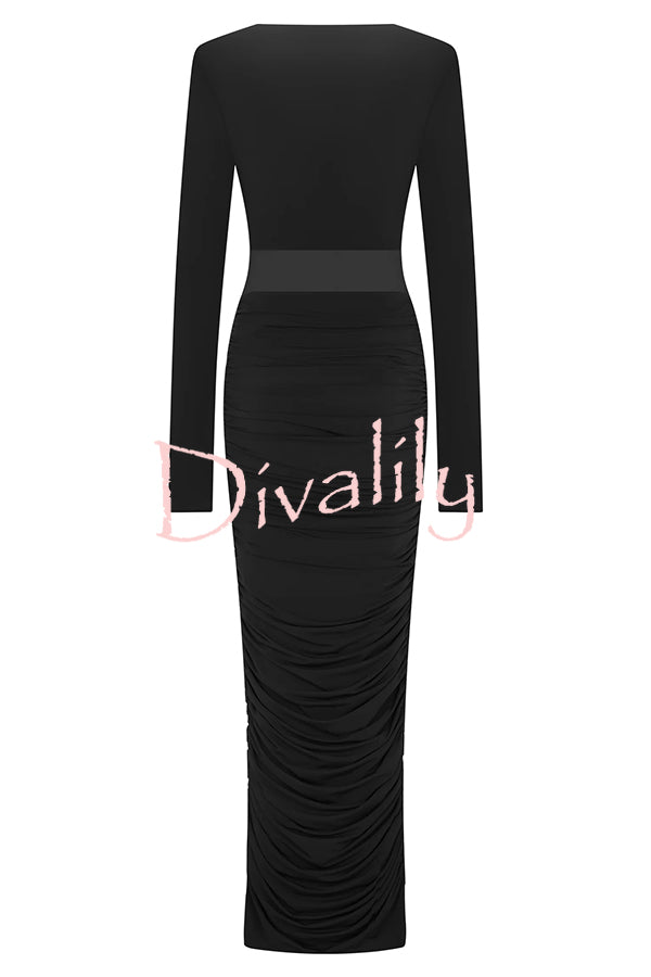 Sexy See-through Long-sleeved V-neck Pleated Slim-fit Maxi Dress