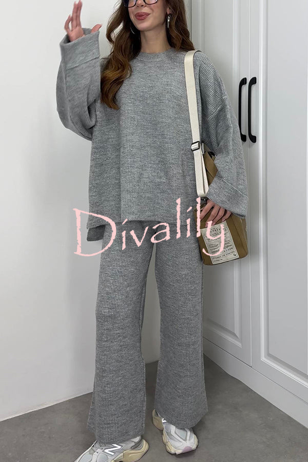 Solid Color Loose Long-sleeved Knit Top and Elastic Waist Casual Straight Leg Pants Set