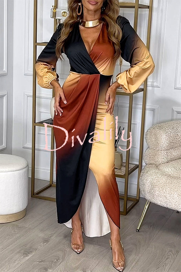 Romantic Sunset Gradient Print Ruched Balloon Sleeve Slit Maxi Dress