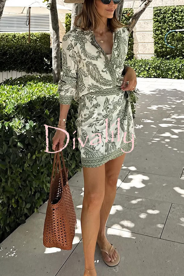 Blend Into Leaves Linen Blend Unique Print Long Sleeve Blouse and Wrap Tie-up Mini Skirt Set