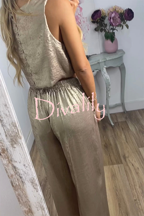 Rita Metallic Fabric Back Buttons Crop Tank and Elastic Waist Pocketed Wide Leg Pants Set