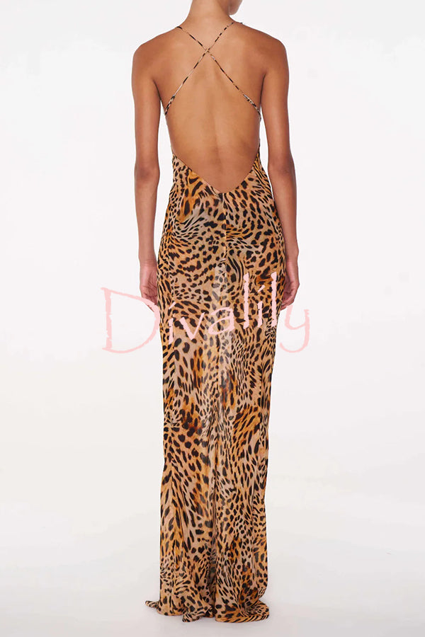 Unique Printed Sexy Lace V-neck Backless Maxi Dress