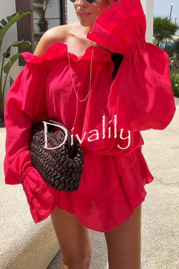 Arnell Linen Blend Off Shoulder Balloon Sleeve Shirt and Elastic Waist Layered Shorts Set