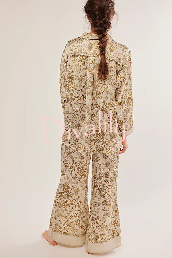 Unique Printed Lounge Long-sleeved Shirt and Elastic Waisted Baggy Pants Set