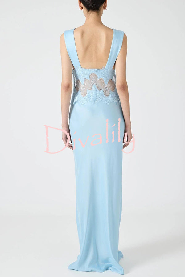 Wonderful Fusion Satin Lace Trim See-through Waist V-neck Drape Maxi Dress