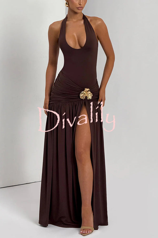 Solid Color Halter Neck Backless Slim Fit Pleated Slit Maxi Dress