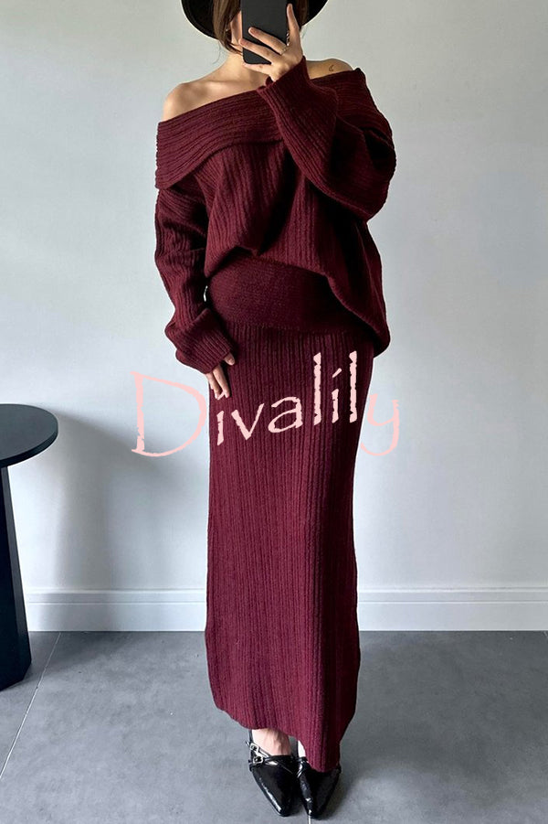 Luka Ribbed Knit Off Shoulder Long Sleeve Sweater and Stretch Maxi Skirt Set