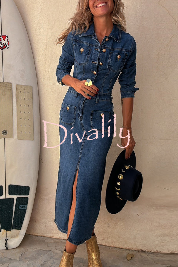 Tessy Denim Metal Button Zipper Shirt Stretch Pencil Slit Midi Dress