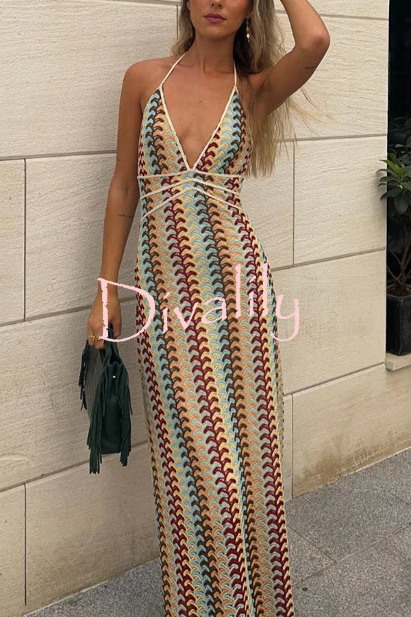 Playful Colorful Knit Holiday Style Halter Neck Maxi Dress