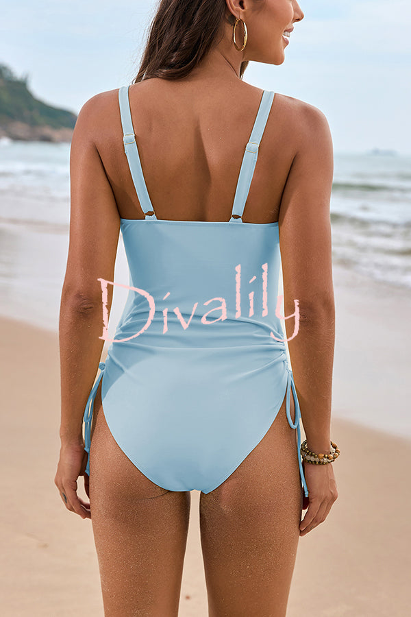 Solid Color Drawstring Waist Mesh One-Piece Bikini Swimsuit