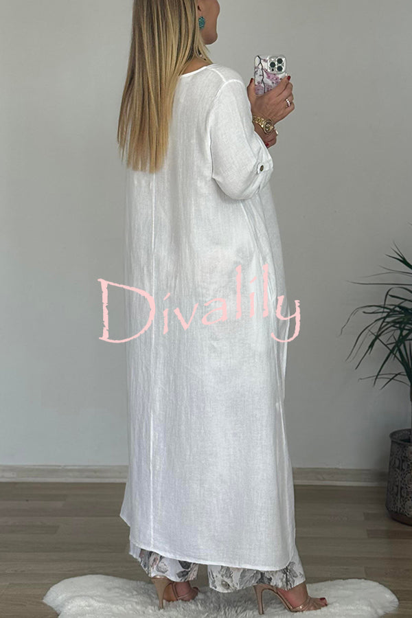 Linen Blend Crew Neck Long Sleeve Irregular Loose Top and Elastic Waist Floral Print Casual Pocket Set