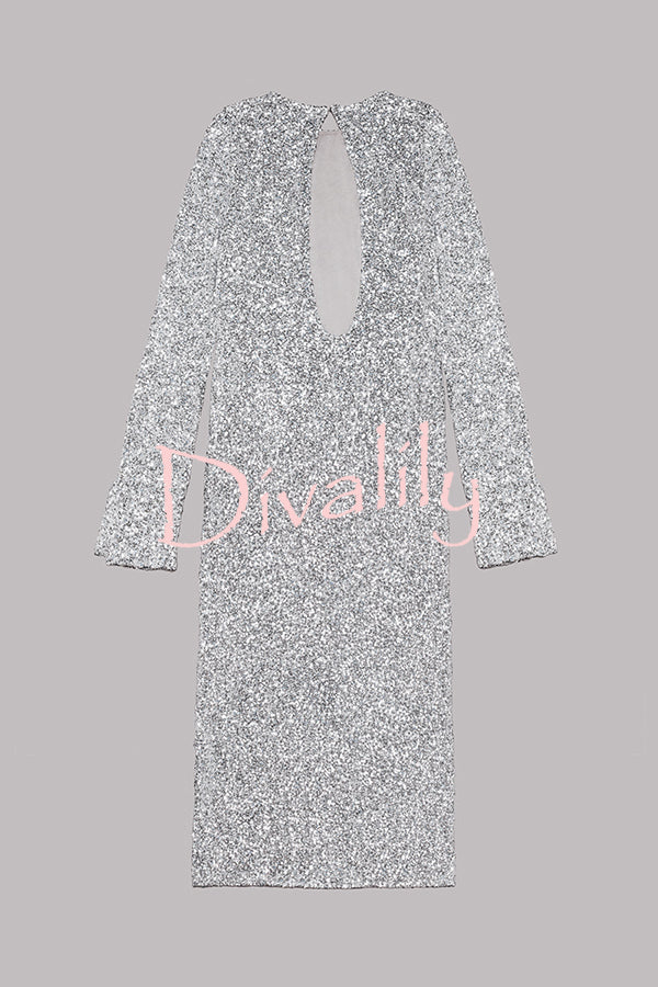 Ignite Sparkly Nights Sequin Extra Long Sleeve Open Back Loose Midi Dress