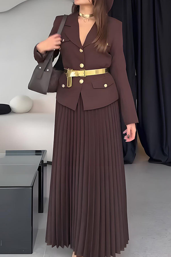 Solid Color Lapel Button Belt Blazer and Pleated Casual Maxi Skirt Set