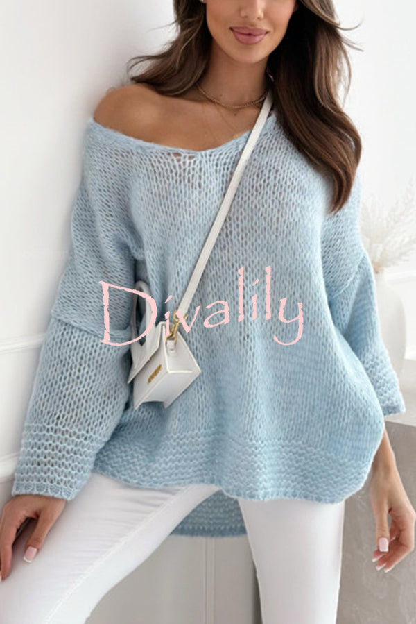 Solid Color Loose V-neck Casual Knitted Sweater