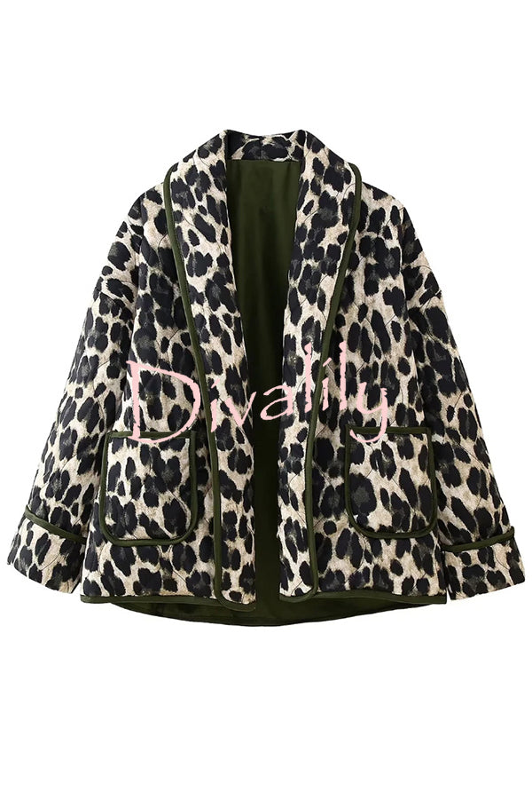 Leopard Print Loose Lapel Pocket Jacket