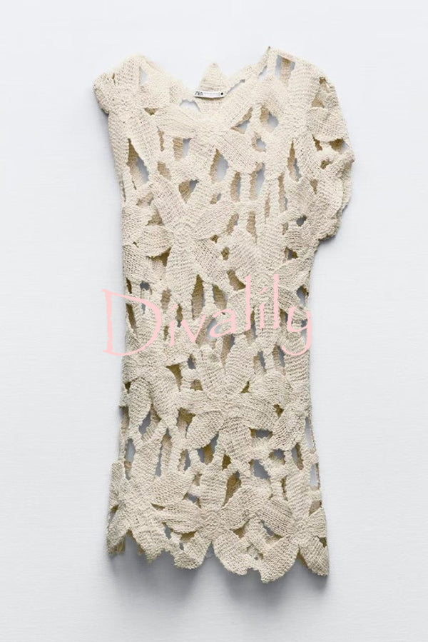 Fashion Crochet Hollow Loose Beach Cover-up Mini Dress