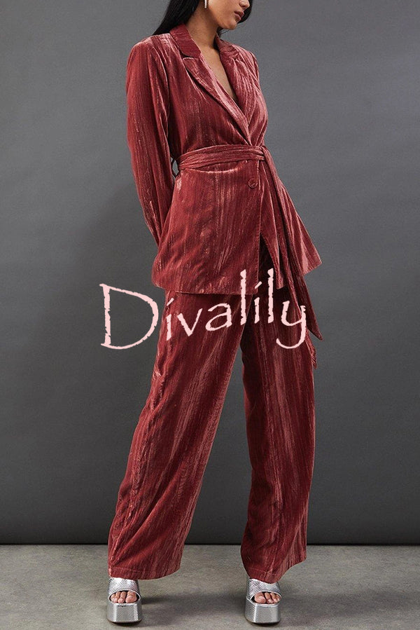 Solid Color Velvet Long-sleeved Waist Tie Top and Elastic Waist Casual Pocket Straight-leg Pants Set
