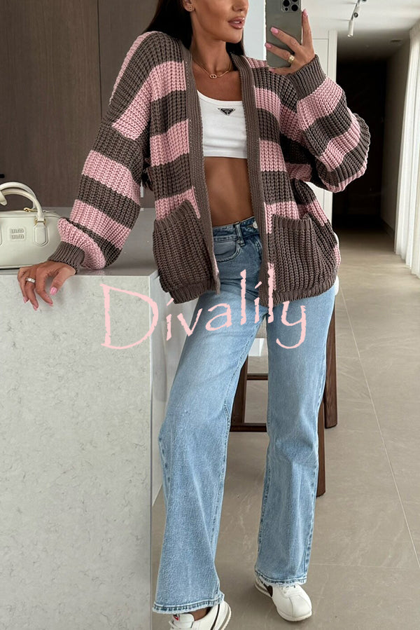 Fashionable Patchwork Striped Casual Pocket Knitted Sweater