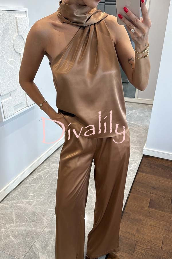 Kelson Satin Drape Neck One Shoulder Top and Elastic Waist Pocket Loose Pants Set