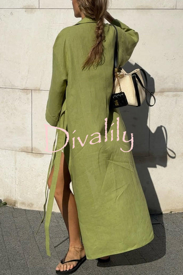 Linen Blend Solid Color Casual Lapel Tie Loose Maxi Dress