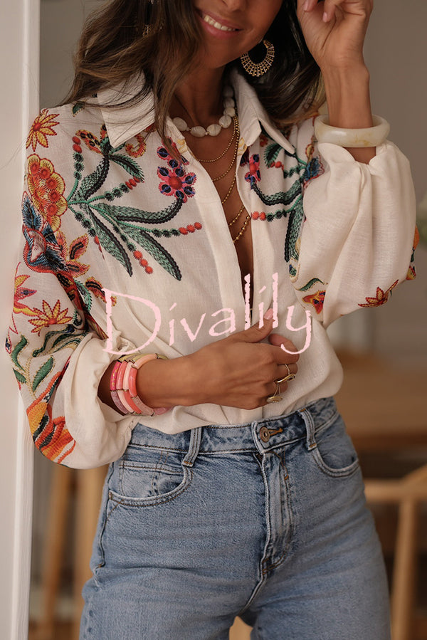 Botanical Print Loose Lapel Long Sleeve Casual Shirt