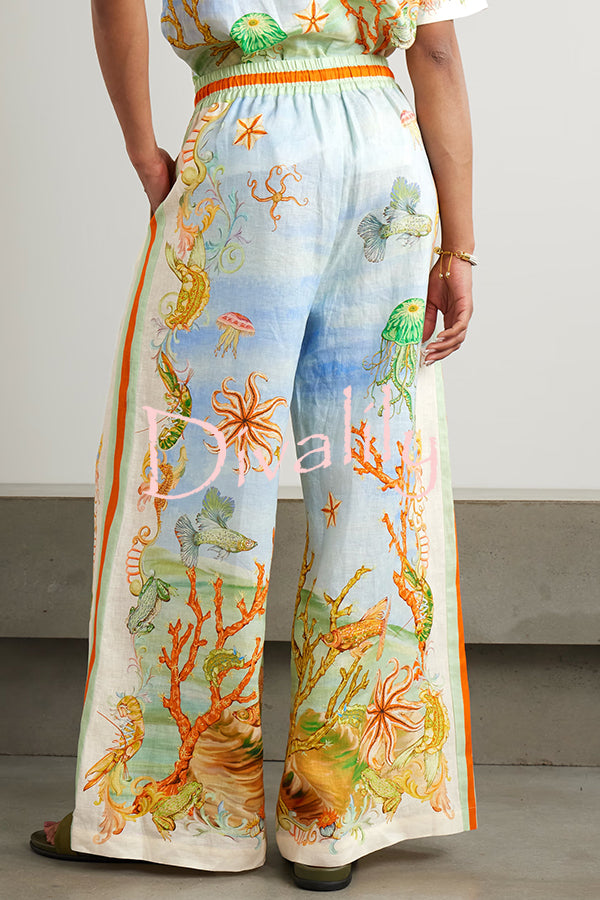 Unique Printed Lapel Short Sleeve Loose Shirt and Elastic Waist Casual Pocket Vacation Pants Set