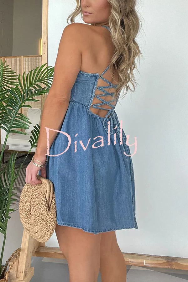 Sexy Halter Neck Backless Front Zip Denim Mini Dress